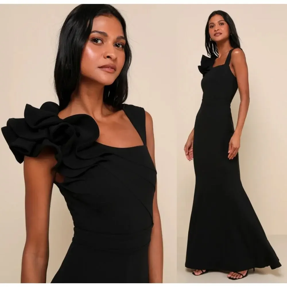 Lulus Lucette Black Sleeveless Ruffled Mermaid Maxi Dress Holiday Extra Small - Picture 11 of 11
